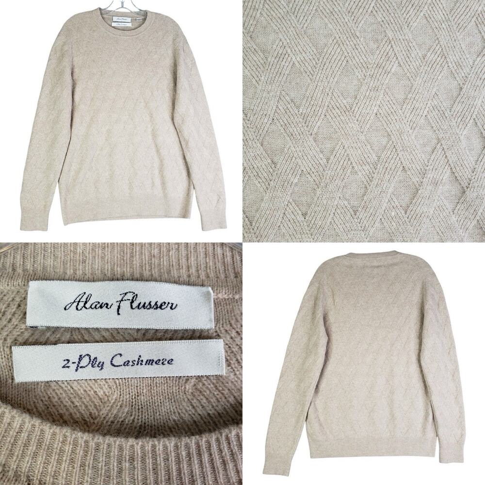 Alan Flusser Sweater Mens M/L Tan Solid Crewneck 100% Cashmere Knit Pullover